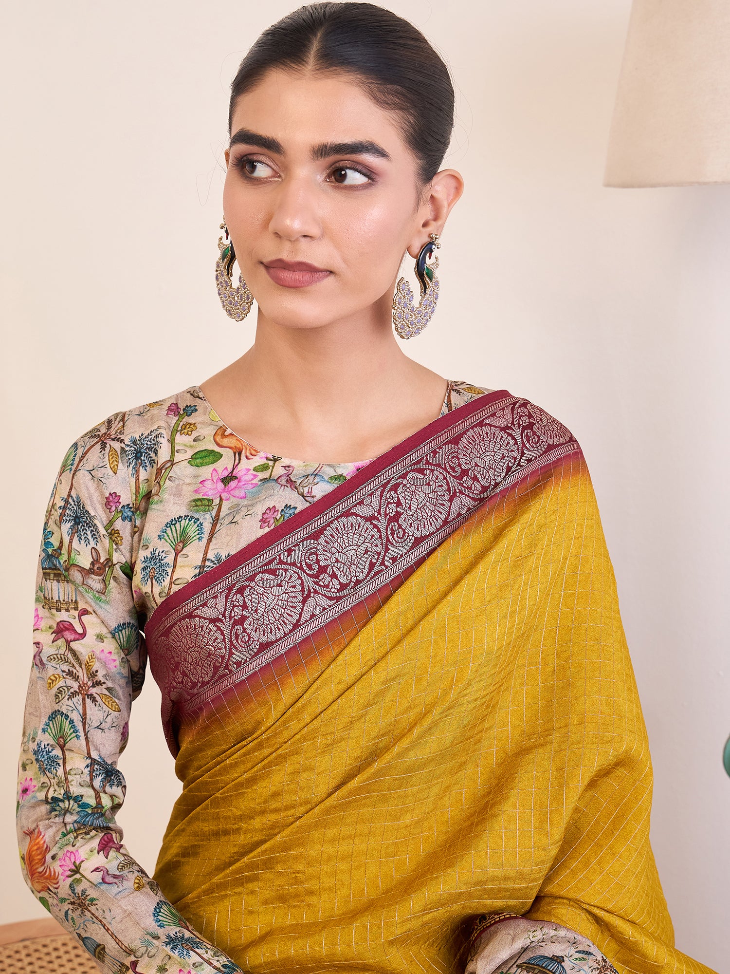RIWAAYAT-Royal Mustard Yellow Linen Silk Saree with Floral Printed Border & Rich Zari Weaving