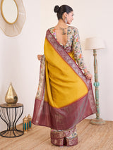 RIWAAYAT-Royal Mustard Yellow Linen Silk Saree with Floral Printed Border & Rich Zari Weaving
