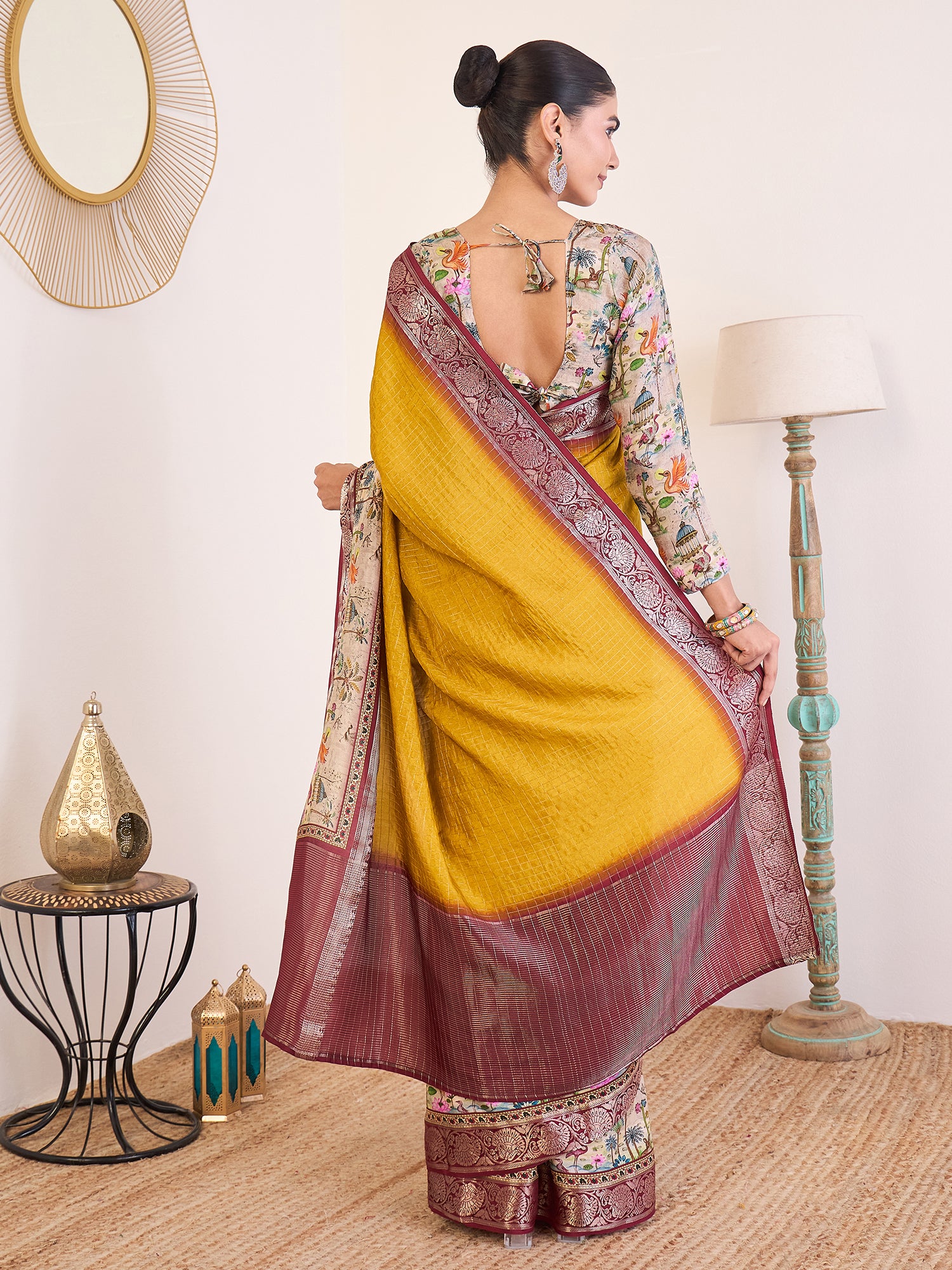 RIWAAYAT-Royal Mustard Yellow Linen Silk Saree with Floral Printed Border & Rich Zari Weaving