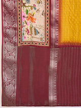 RIWAAYAT-Royal Mustard Yellow Linen Silk Saree with Floral Printed Border & Rich Zari Weaving
