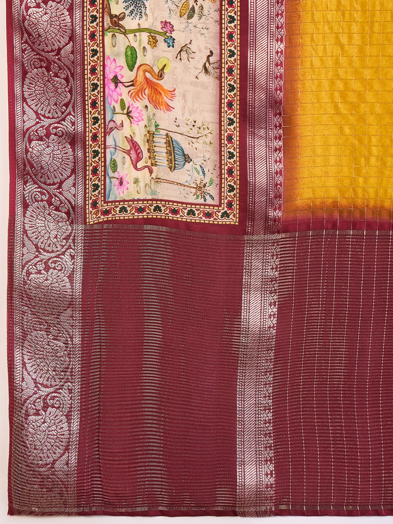 RIWAAYAT-Royal Mustard Yellow Linen Silk Saree with Floral Printed Border & Rich Zari Weaving