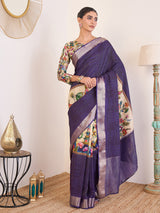 RIWAAYAT-Elegant Royal Purple Linen Silk Saree with Artistic Floral Printed Border