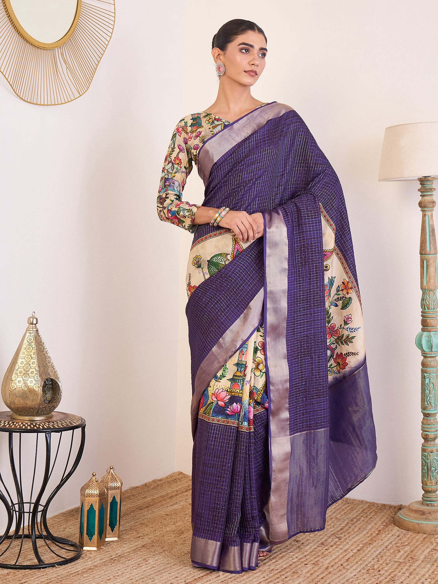 RIWAAYAT-Elegant Royal Purple Linen Silk Saree with Artistic Floral Printed Border