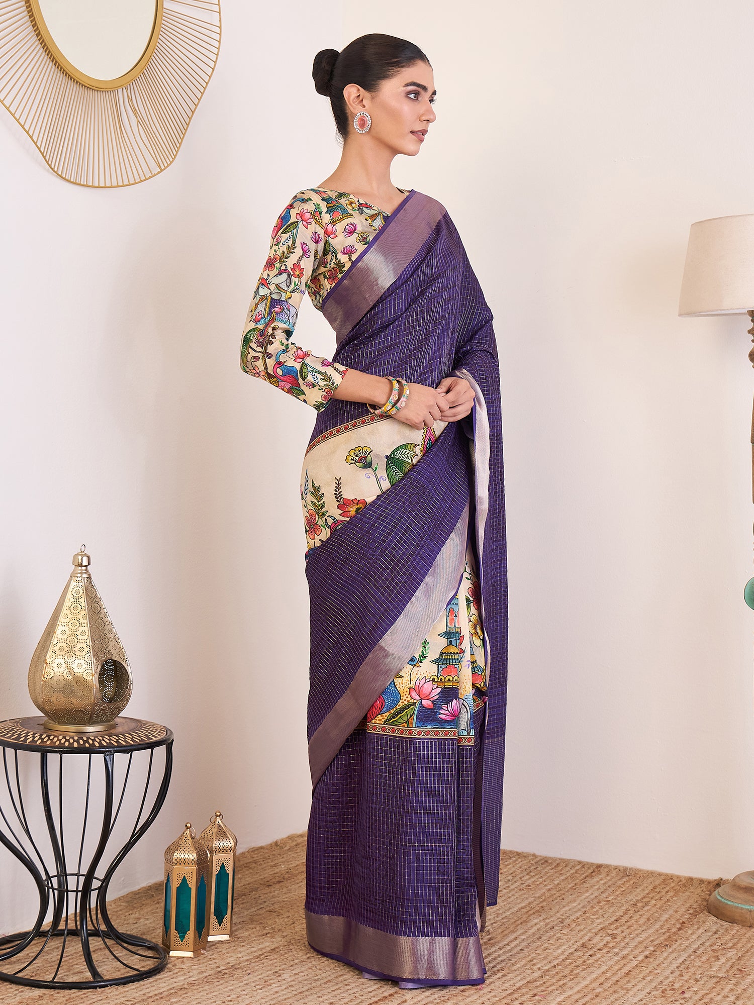 RIWAAYAT-Elegant Royal Purple Linen Silk Saree with Artistic Floral Printed Border