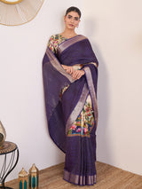 RIWAAYAT-Elegant Royal Purple Linen Silk Saree with Artistic Floral Printed Border