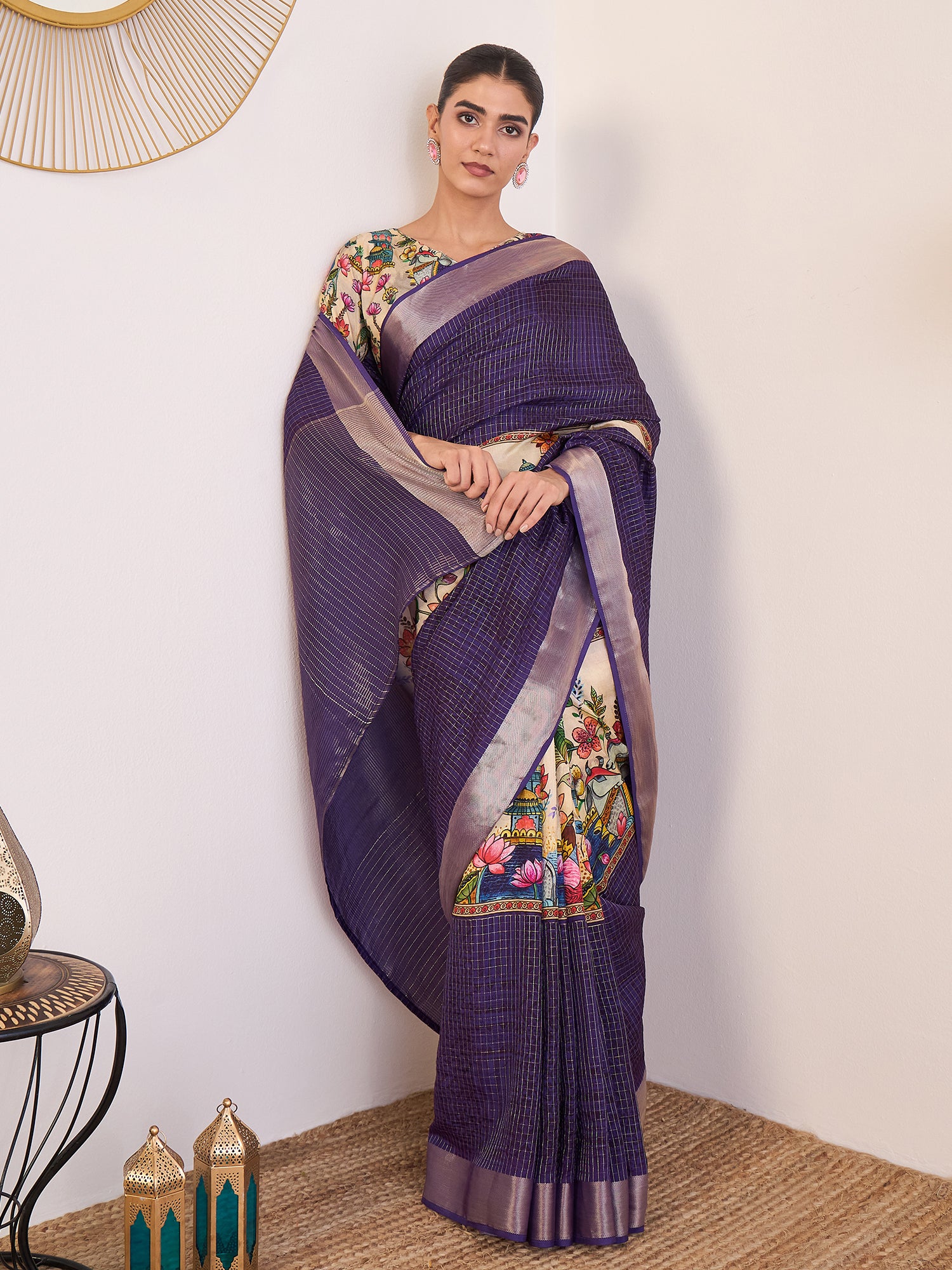 RIWAAYAT-Elegant Royal Purple Linen Silk Saree with Artistic Floral Printed Border