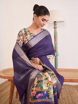 RIWAAYAT-Elegant Royal Purple Linen Silk Saree with Artistic Floral Printed Border