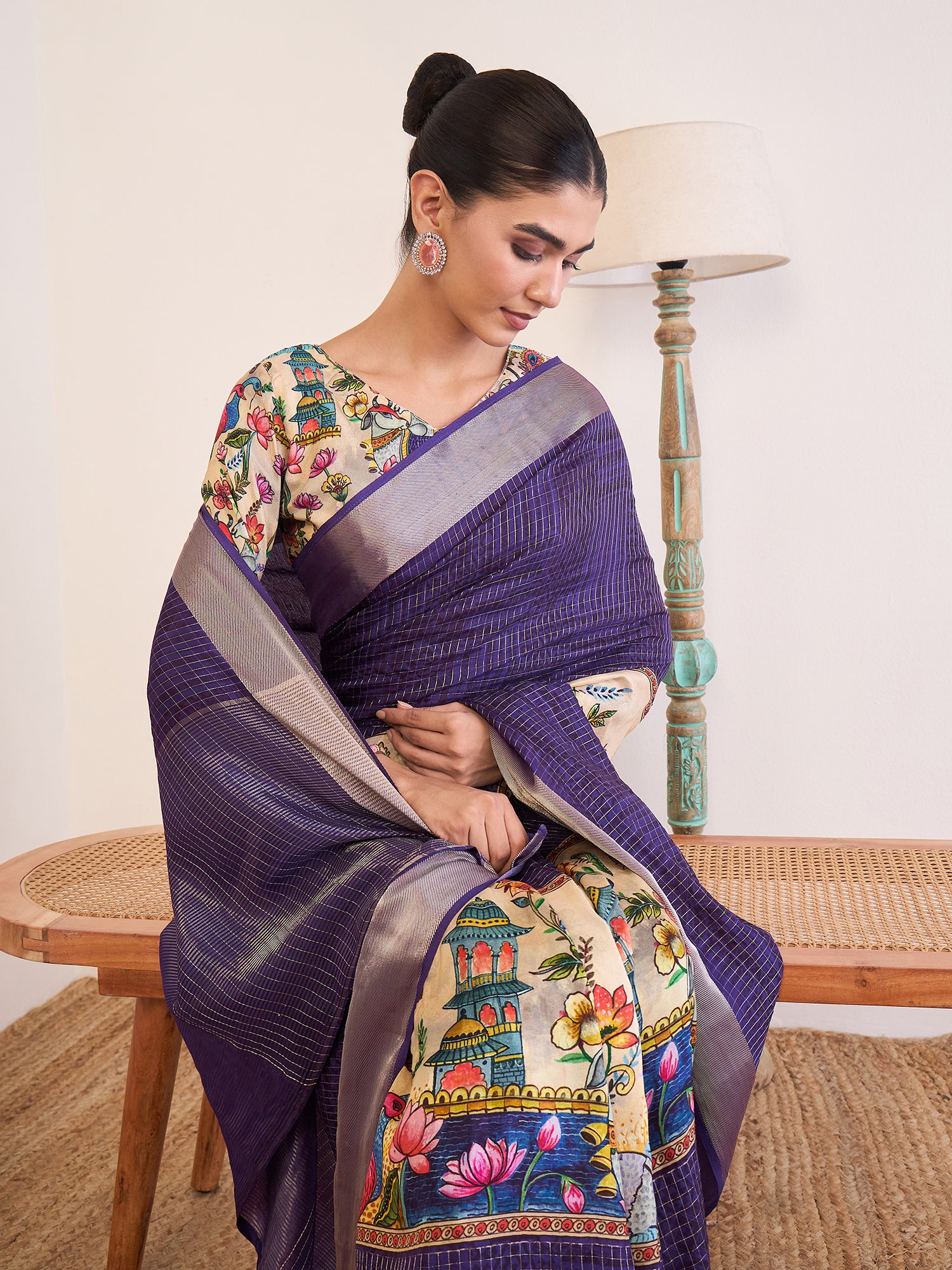 RIWAAYAT-Elegant Royal Purple Linen Silk Saree with Artistic Floral Printed Border