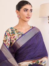 RIWAAYAT-Elegant Royal Purple Linen Silk Saree with Artistic Floral Printed Border