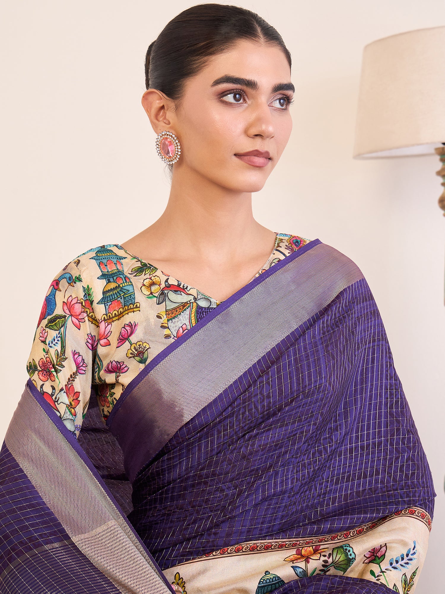 RIWAAYAT-Elegant Royal Purple Linen Silk Saree with Artistic Floral Printed Border