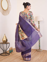 RIWAAYAT-Elegant Royal Purple Linen Silk Saree with Artistic Floral Printed Border
