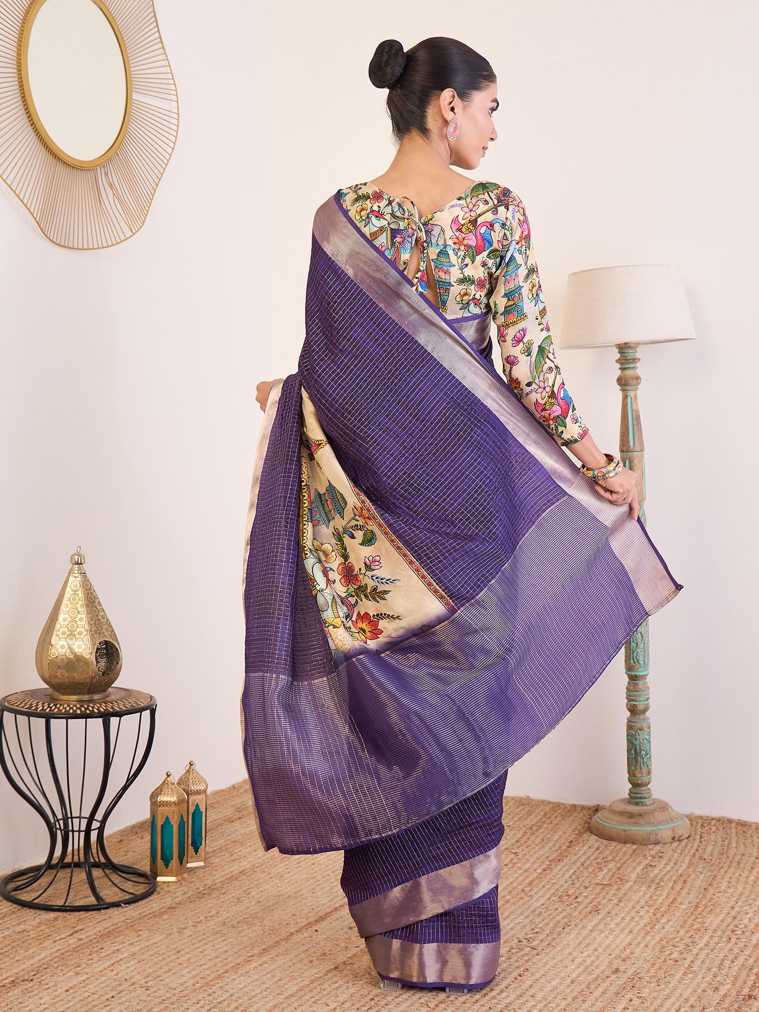 RIWAAYAT-Elegant Royal Purple Linen Silk Saree with Artistic Floral Printed Border