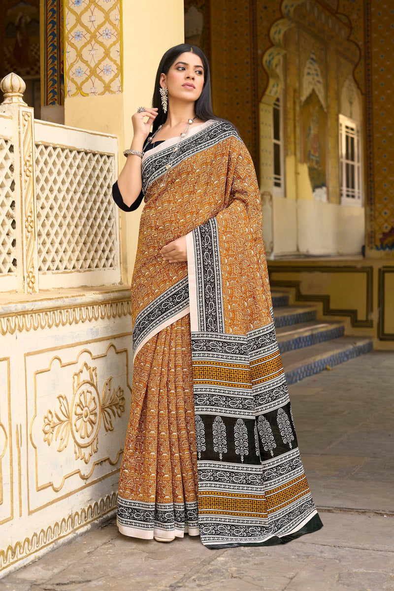 WOMANIYA Warli Art Silk Block Print Saree - Apple Lifestyle