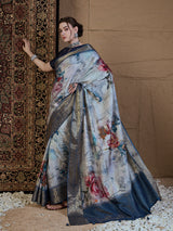 ADHIRA-Royal Blue & Silver Floral Digital Print Saree with Rich Zari Woven Border and Elegant Satin Silk Finish