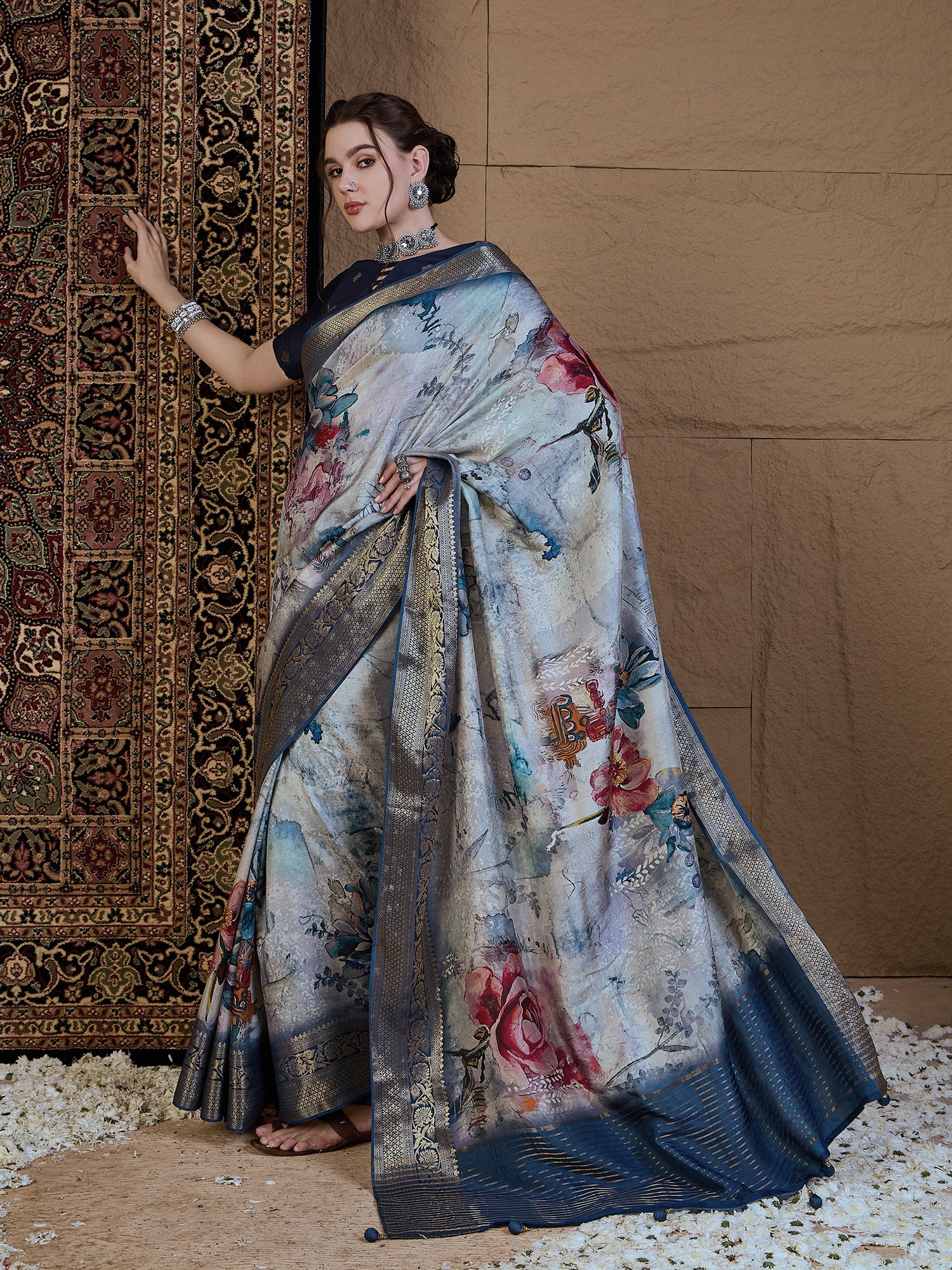 ADHIRA-Royal Blue & Silver Floral Digital Print Saree with Rich Zari Woven Border and Elegant Satin Silk Finish