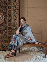ADHIRA-Royal Blue & Silver Floral Digital Print Saree with Rich Zari Woven Border and Elegant Satin Silk Finish