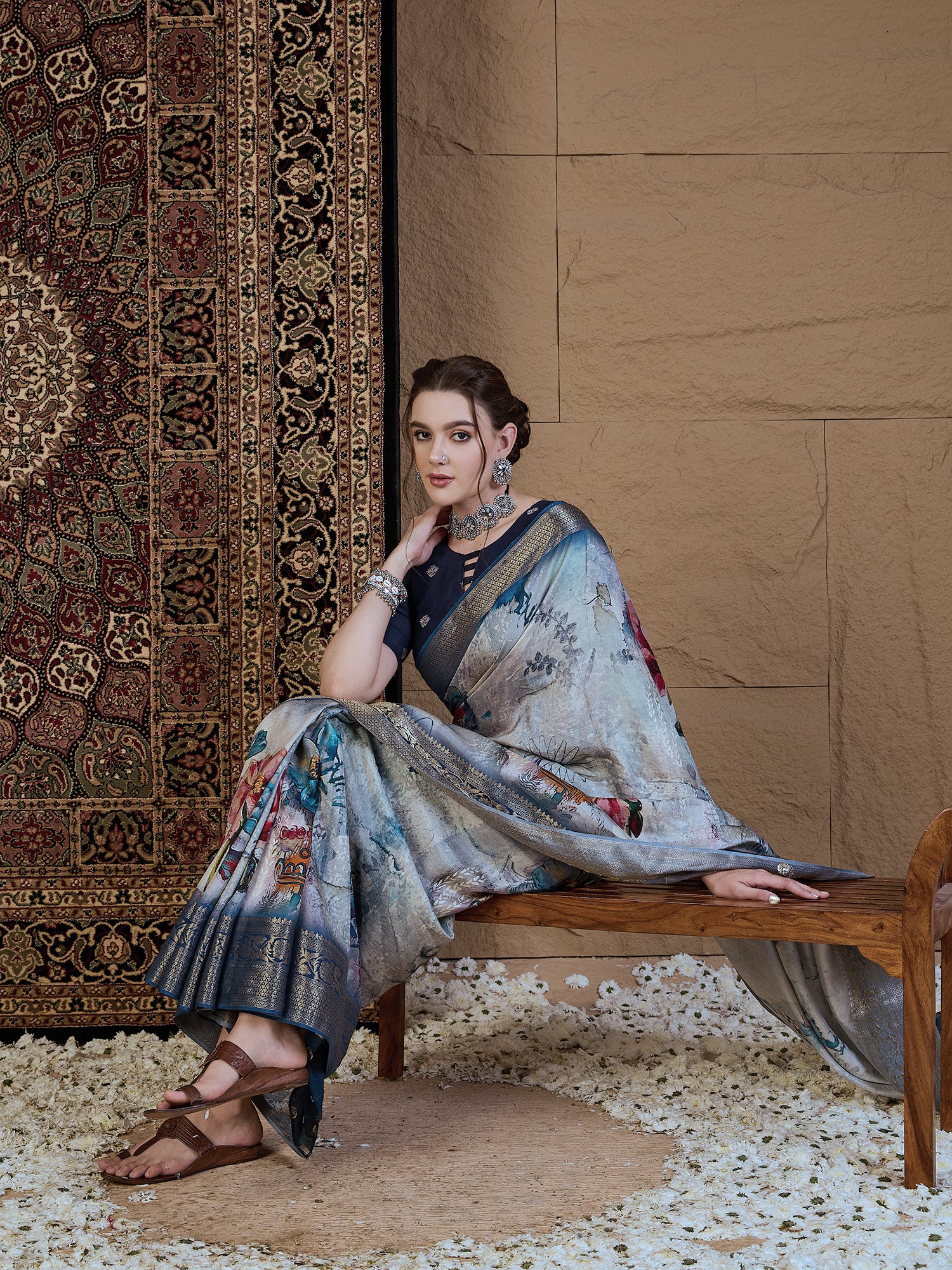 ADHIRA-Royal Blue & Silver Floral Digital Print Saree with Rich Zari Woven Border and Elegant Satin Silk Finish