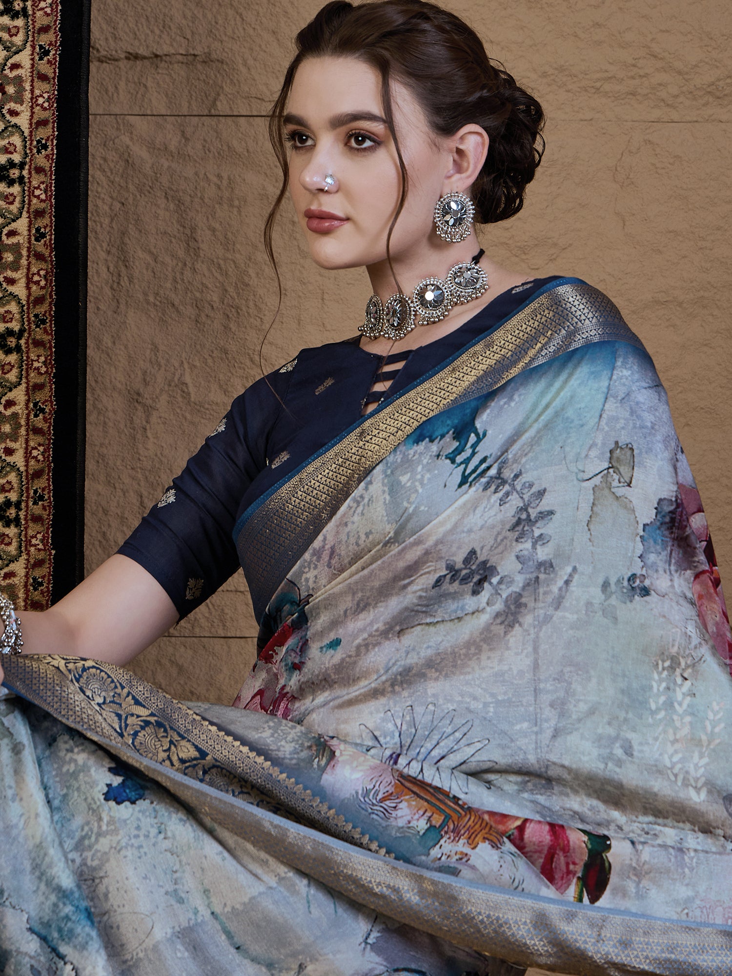 ADHIRA-Royal Blue & Silver Floral Digital Print Saree with Rich Zari Woven Border and Elegant Satin Silk Finish