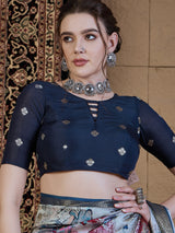 ADHIRA-Royal Blue & Silver Floral Digital Print Saree with Rich Zari Woven Border and Elegant Satin Silk Finish