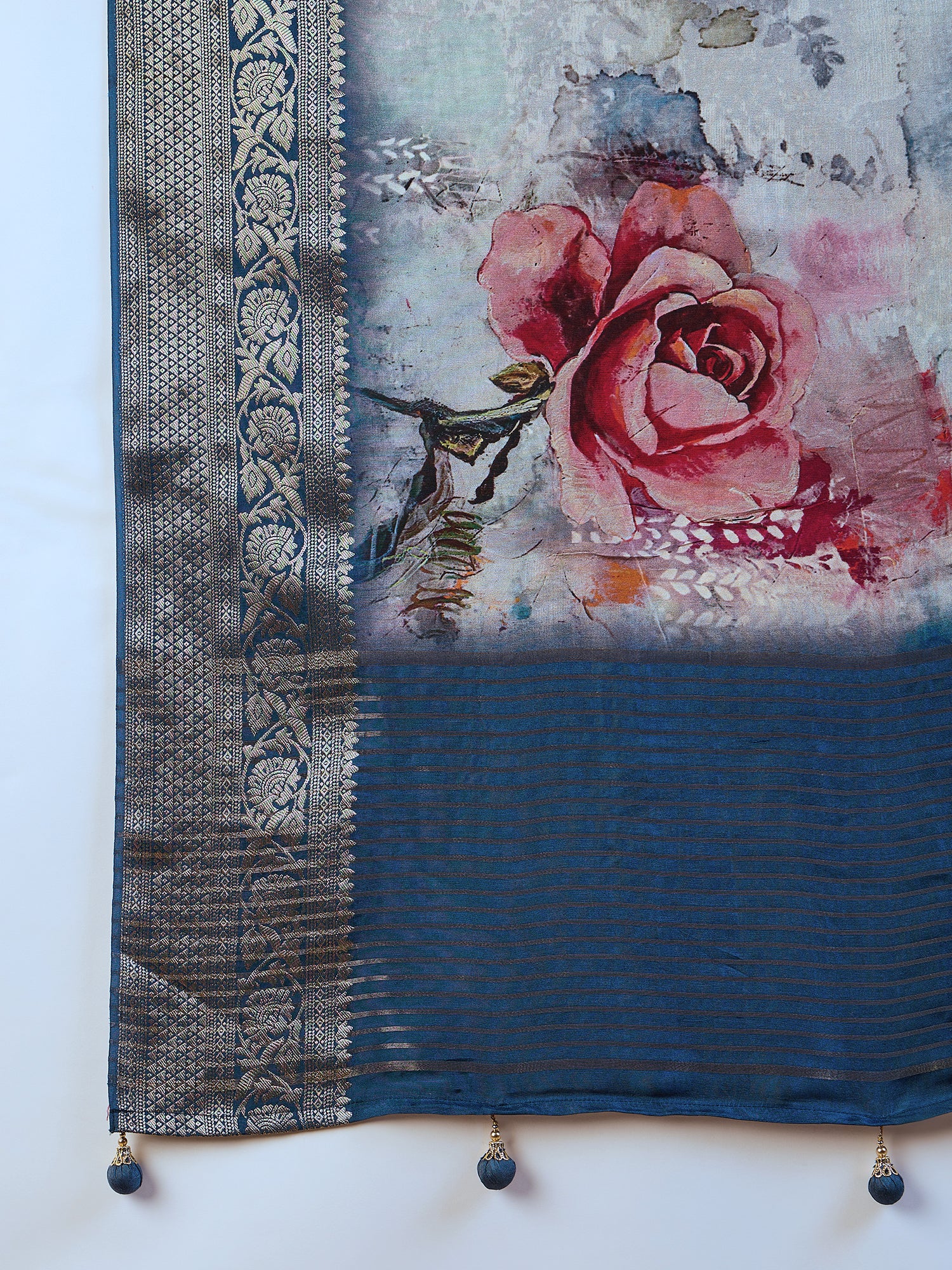 ADHIRA-Royal Blue & Silver Floral Digital Print Saree with Rich Zari Woven Border and Elegant Satin Silk Finish