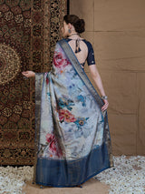 ADHIRA-Royal Blue & Silver Floral Digital Print Saree with Rich Zari Woven Border and Elegant Satin Silk Finish