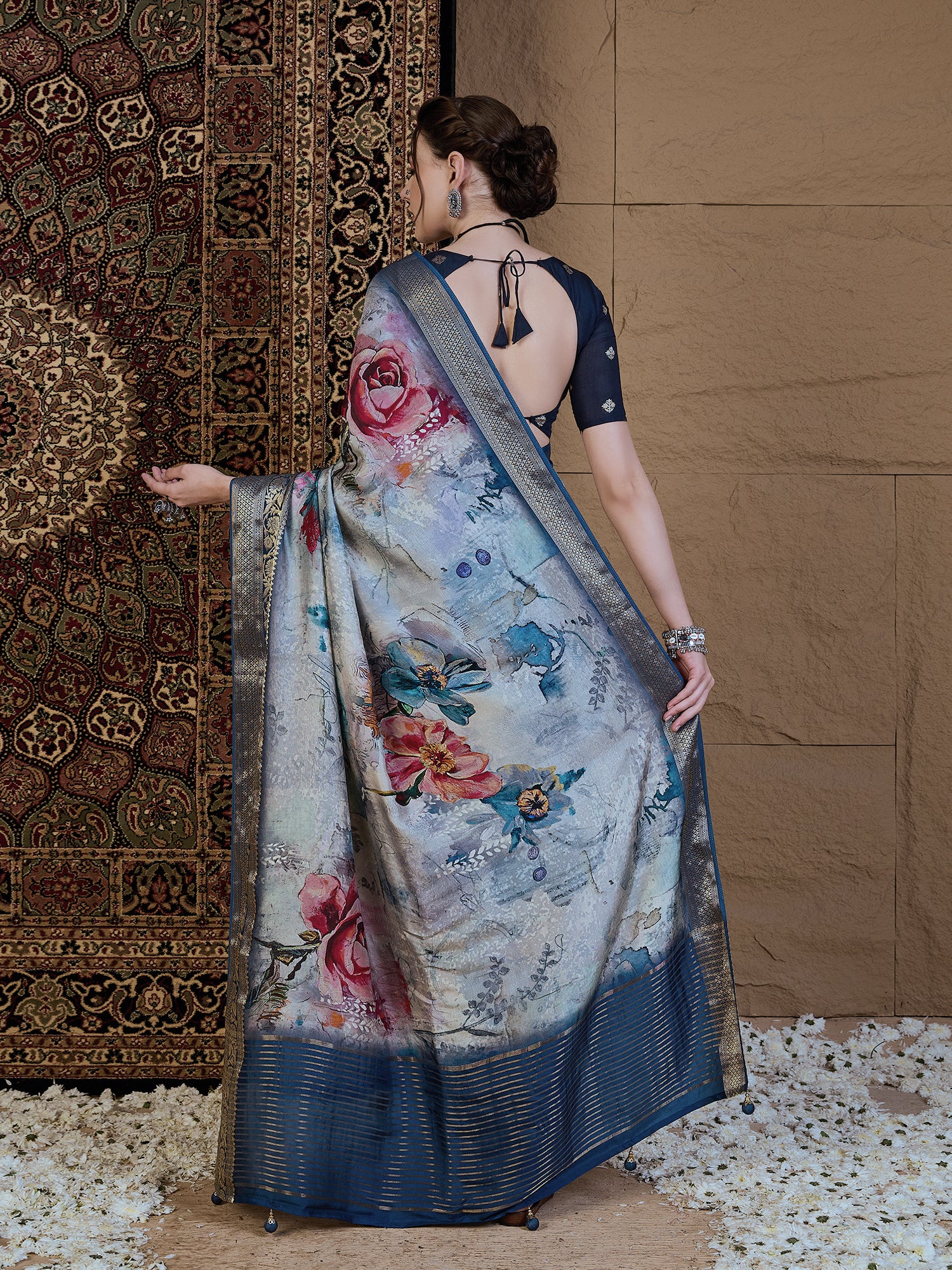 ADHIRA-Royal Blue & Silver Floral Digital Print Saree with Rich Zari Woven Border and Elegant Satin Silk Finish
