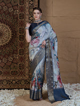 ADHIRA-Royal Blue & Silver Floral Digital Print Saree with Rich Zari Woven Border and Elegant Satin Silk Finish