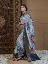 ADHIRA-Royal Blue & Silver Floral Digital Print Saree with Rich Zari Woven Border and Elegant Satin Silk Finish
