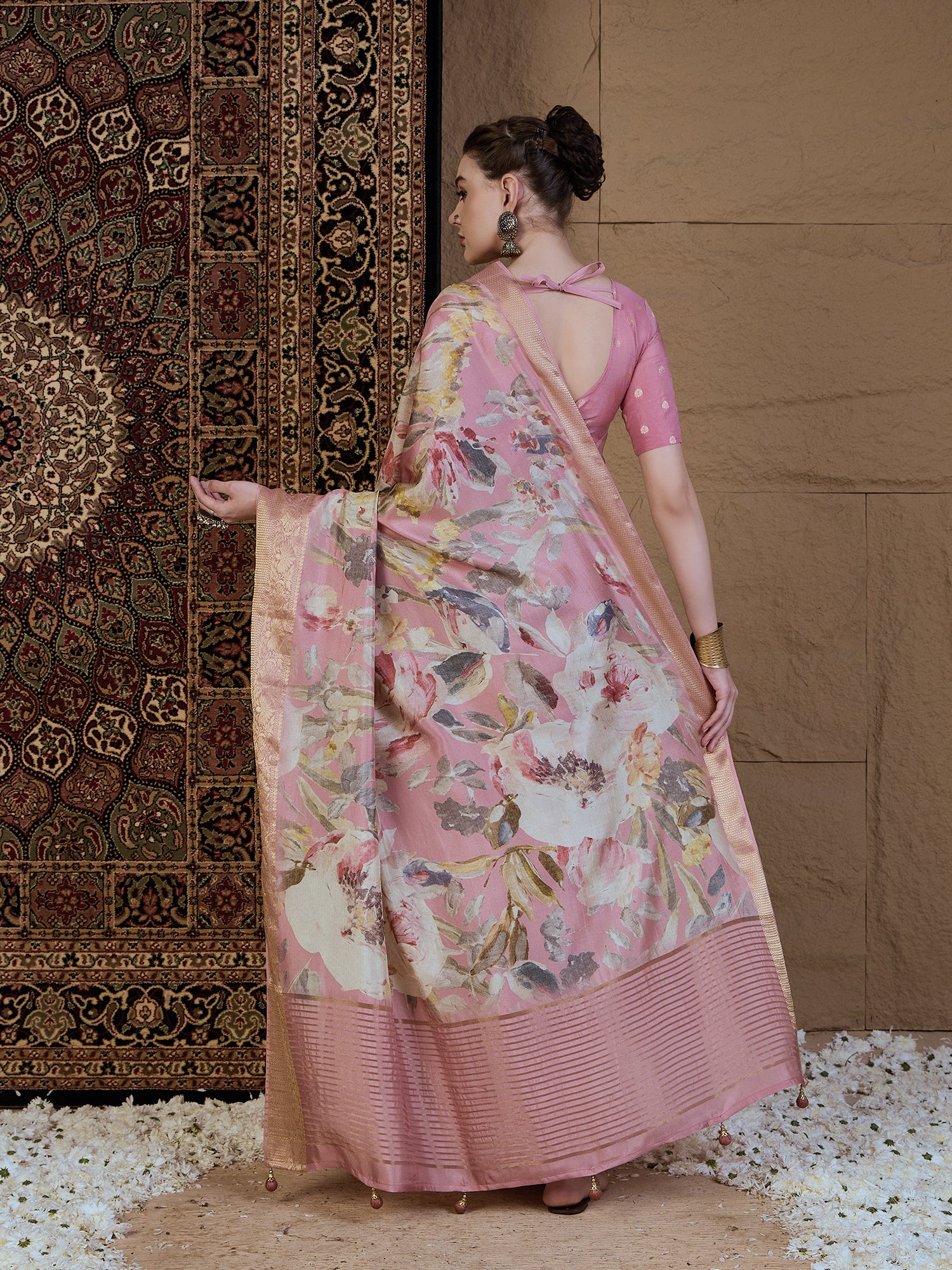 ADHIRA-Elegant Blush Pink Floral Printed Saree with Rich Golden Zari Border and Soft Satin Silk Designer Drape