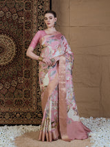 ADHIRA-Elegant Blush Pink Floral Printed Saree with Rich Golden Zari Border and Soft Satin Silk Designer Drape