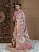 ADHIRA-Elegant Blush Pink Floral Printed Saree with Rich Golden Zari Border and Soft Satin Silk Designer Drape