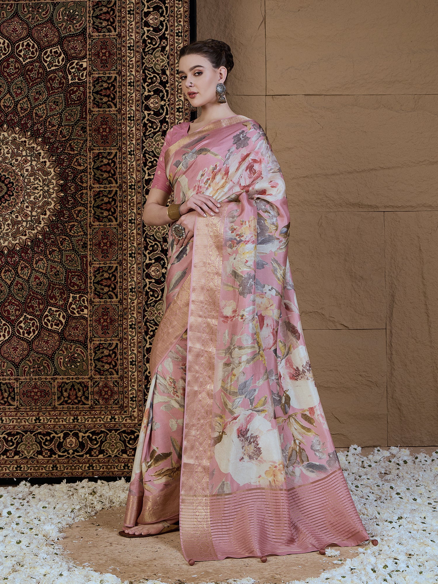 ADHIRA-Elegant Blush Pink Floral Printed Saree with Rich Golden Zari Border and Soft Satin Silk Designer Drape