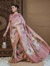 ADHIRA-Elegant Blush Pink Floral Printed Saree with Rich Golden Zari Border and Soft Satin Silk Designer Drape