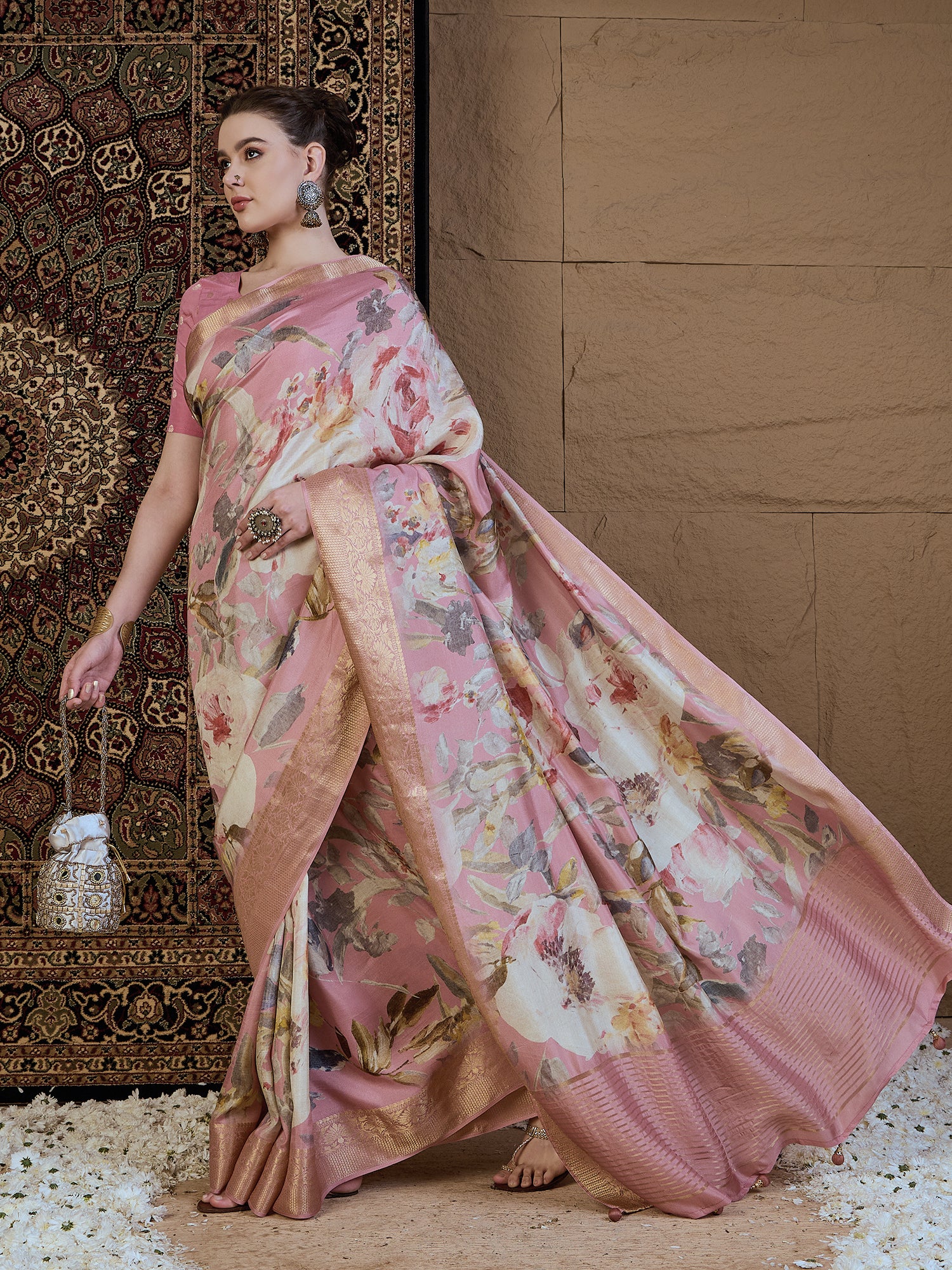 ADHIRA-Elegant Blush Pink Floral Printed Saree with Rich Golden Zari Border and Soft Satin Silk Designer Drape
