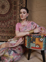 ADHIRA-Elegant Blush Pink Floral Printed Saree with Rich Golden Zari Border and Soft Satin Silk Designer Drape