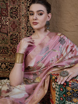 ADHIRA-Elegant Blush Pink Floral Printed Saree with Rich Golden Zari Border and Soft Satin Silk Designer Drape