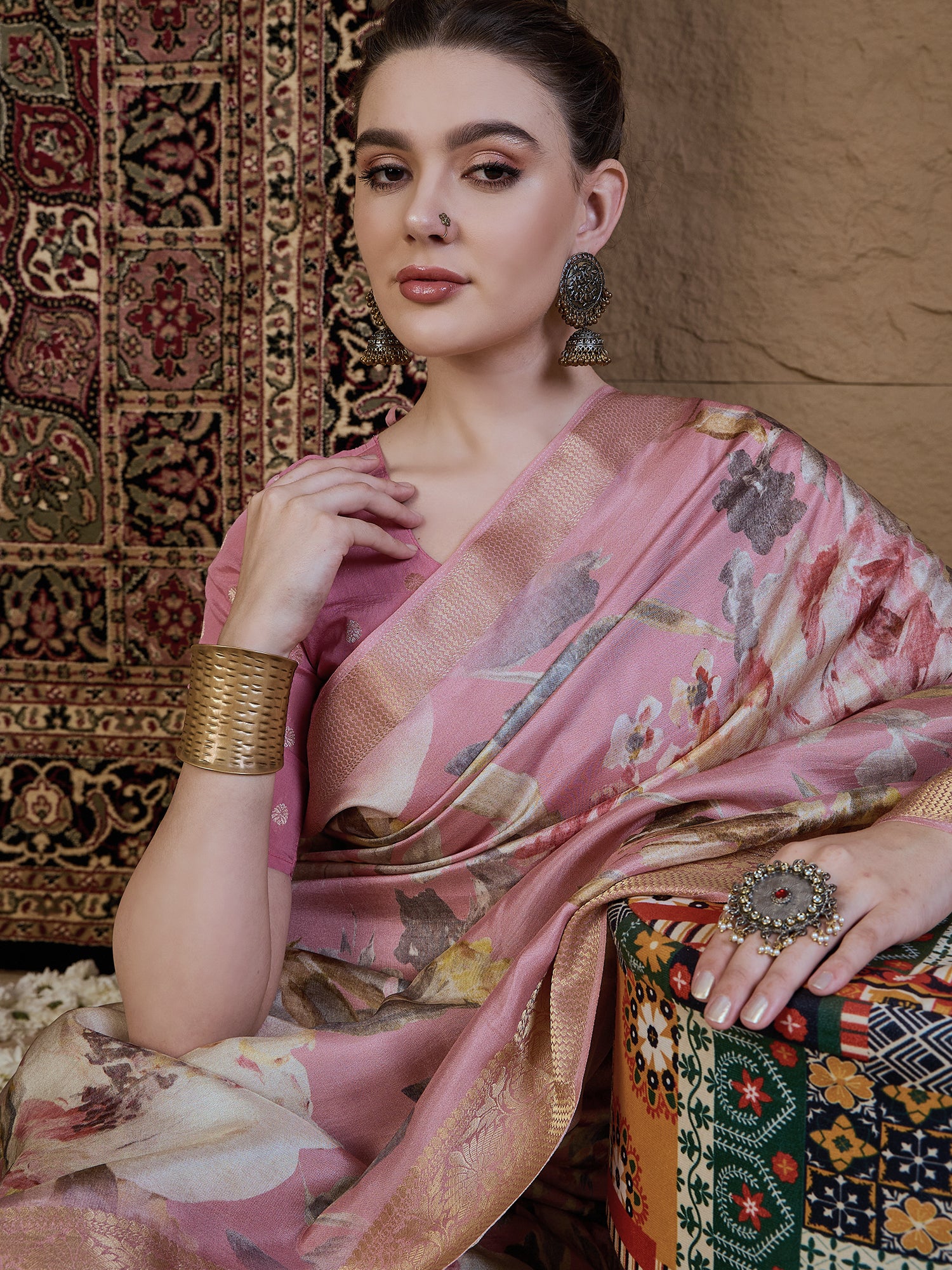 ADHIRA-Elegant Blush Pink Floral Printed Saree with Rich Golden Zari Border and Soft Satin Silk Designer Drape