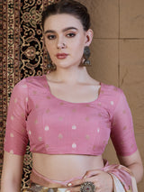 ADHIRA-Elegant Blush Pink Floral Printed Saree with Rich Golden Zari Border and Soft Satin Silk Designer Drape