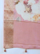 ADHIRA-Elegant Blush Pink Floral Printed Saree with Rich Golden Zari Border and Soft Satin Silk Designer Drape