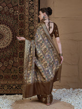 ADHIRA-Royal Beige Brown Heritage Print Saree with Rich Antique Gold Zari Border and Luxurious Traditional Satin Silk Designer Drape