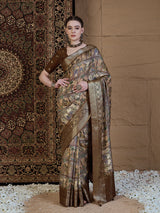 ADHIRA-Royal Beige Brown Heritage Print Saree with Rich Antique Gold Zari Border and Luxurious Traditional Satin Silk Designer Drape