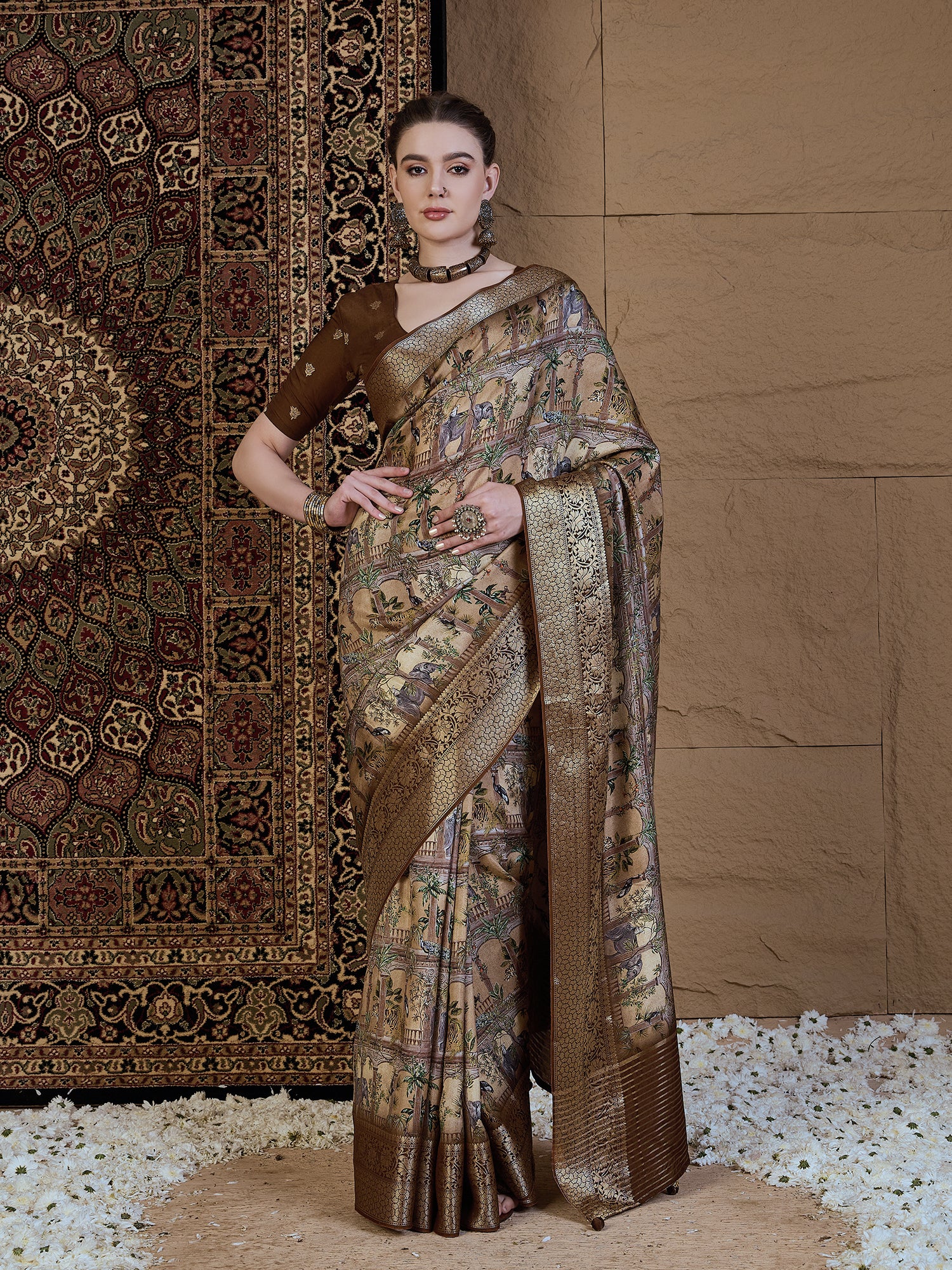 ADHIRA-Royal Beige Brown Heritage Print Saree with Rich Antique Gold Zari Border and Luxurious Traditional Satin Silk Designer Drape