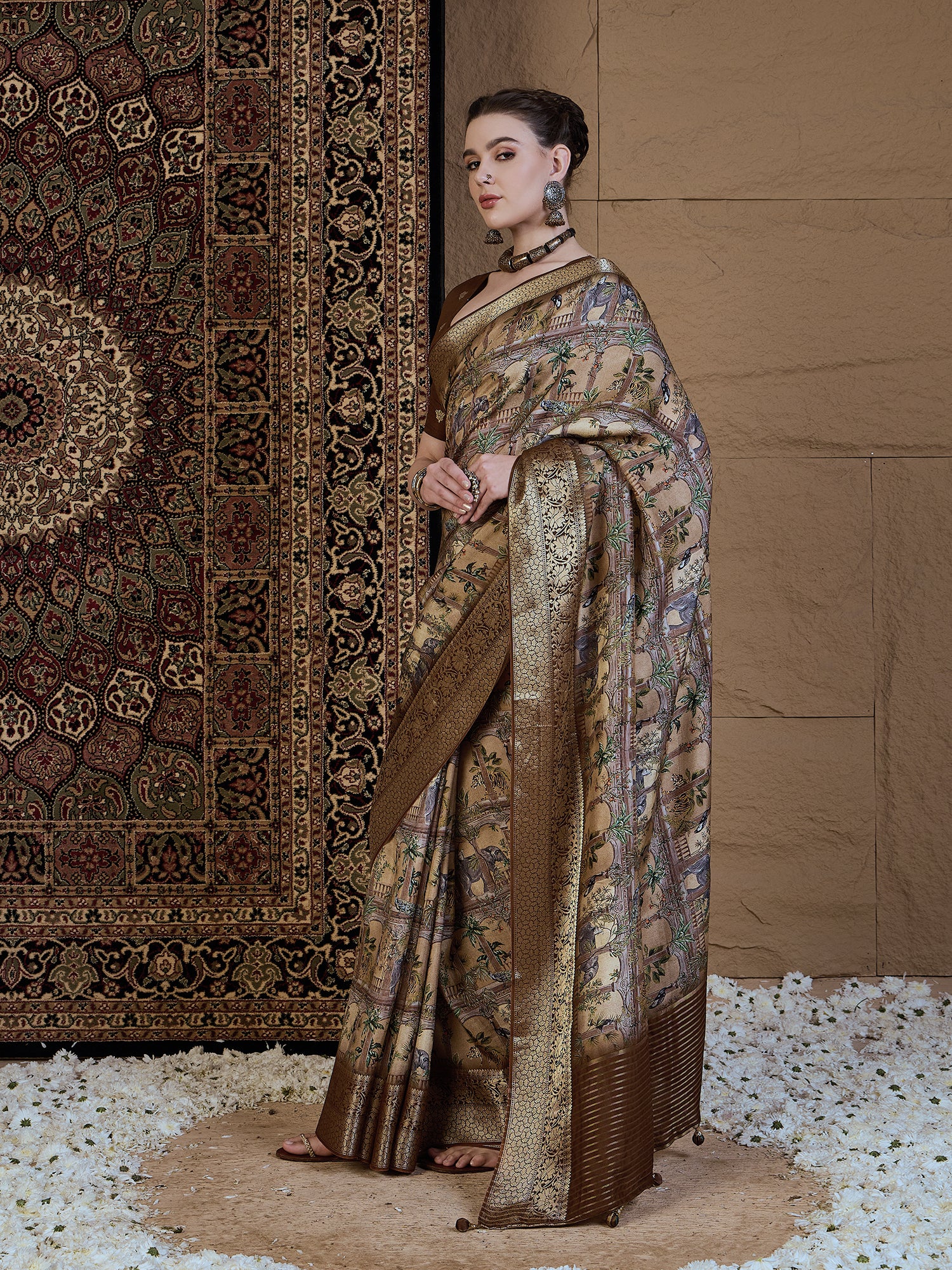 ADHIRA-Royal Beige Brown Heritage Print Saree with Rich Antique Gold Zari Border and Luxurious Traditional Satin Silk Designer Drape
