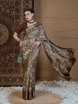 ADHIRA-Royal Beige Brown Heritage Print Saree with Rich Antique Gold Zari Border and Luxurious Traditional Satin Silk Designer Drape