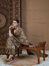 ADHIRA-Royal Beige Brown Heritage Print Saree with Rich Antique Gold Zari Border and Luxurious Traditional Satin Silk Designer Drape