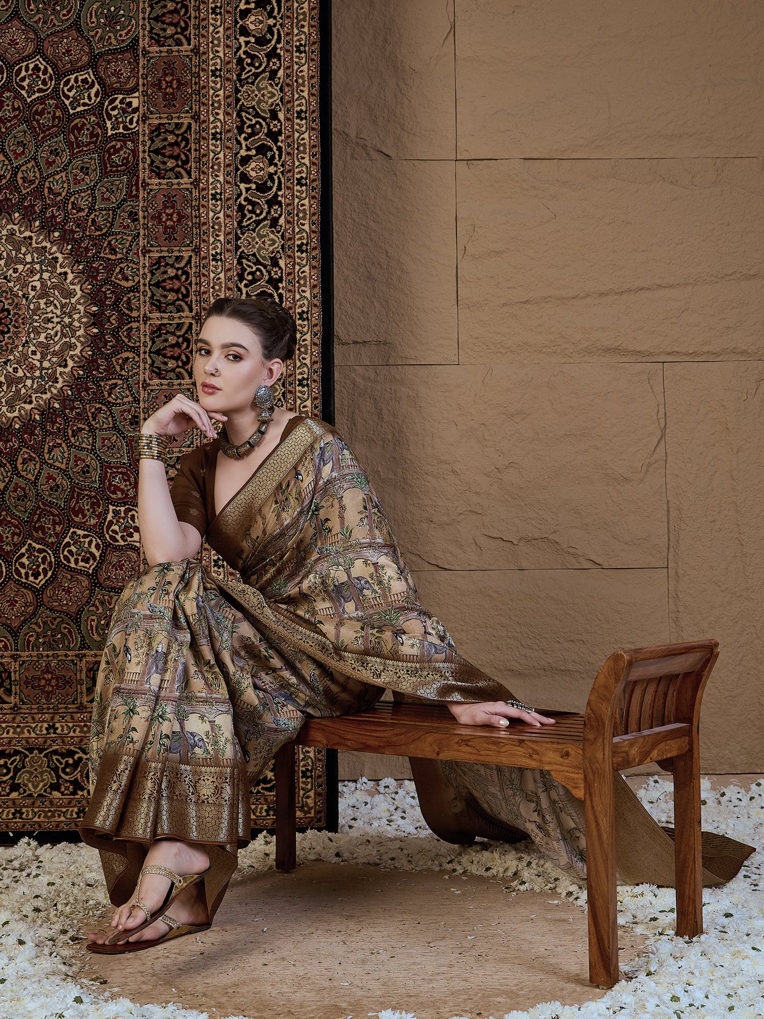 ADHIRA-Royal Beige Brown Heritage Print Saree with Rich Antique Gold Zari Border and Luxurious Traditional Satin Silk Designer Drape