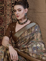 ADHIRA-Royal Beige Brown Heritage Print Saree with Rich Antique Gold Zari Border and Luxurious Traditional Satin Silk Designer Drape