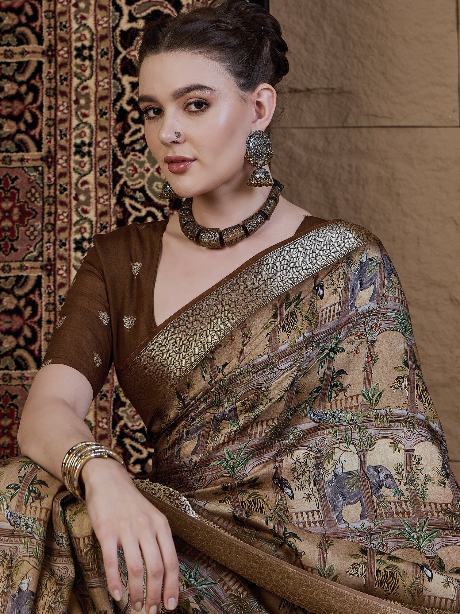 ADHIRA-Royal Beige Brown Heritage Print Saree with Rich Antique Gold Zari Border and Luxurious Traditional Satin Silk Designer Drape