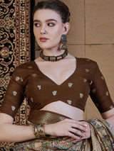 ADHIRA-Royal Beige Brown Heritage Print Saree with Rich Antique Gold Zari Border and Luxurious Traditional Satin Silk Designer Drape