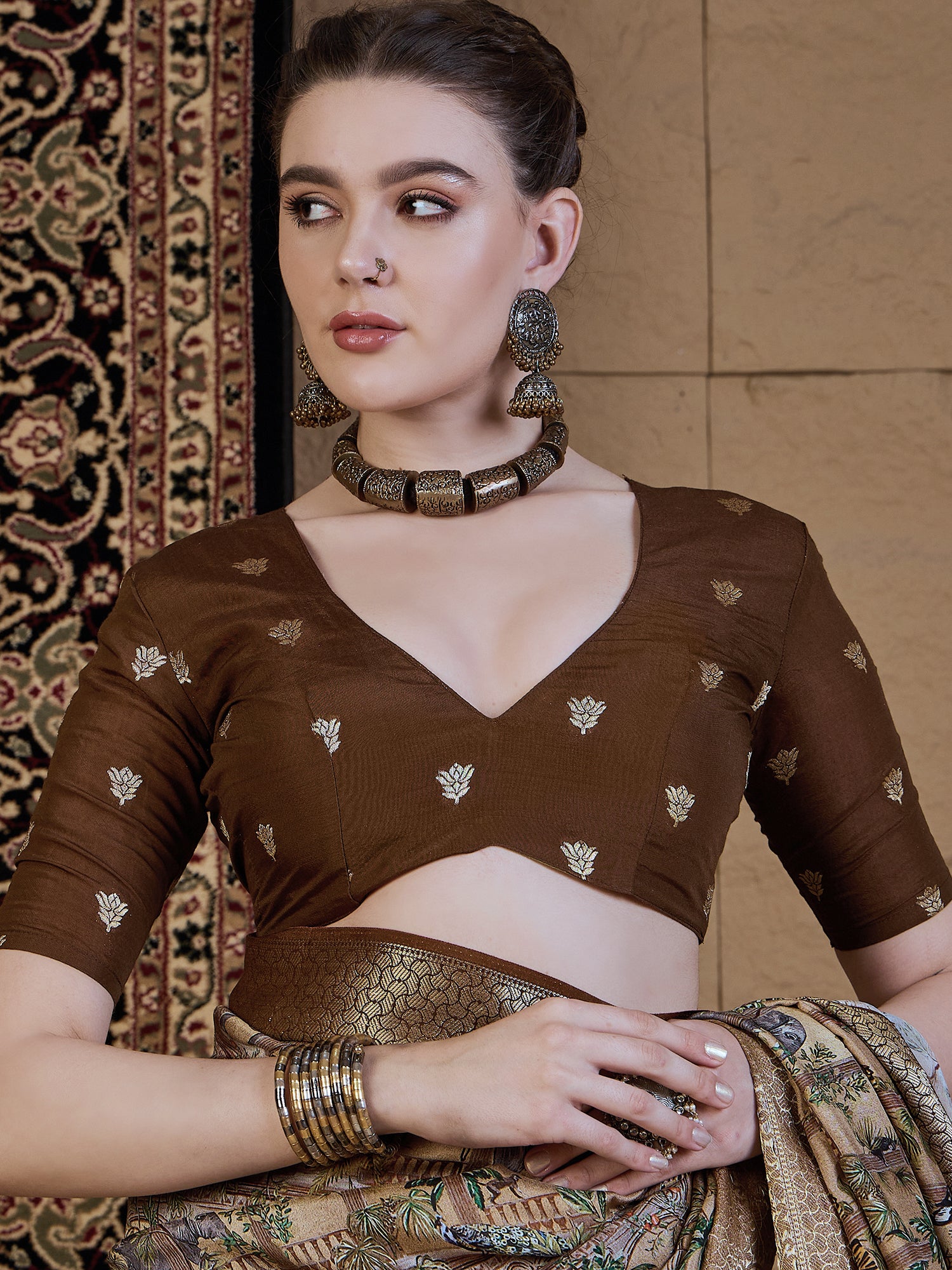 ADHIRA-Royal Beige Brown Heritage Print Saree with Rich Antique Gold Zari Border and Luxurious Traditional Satin Silk Designer Drape